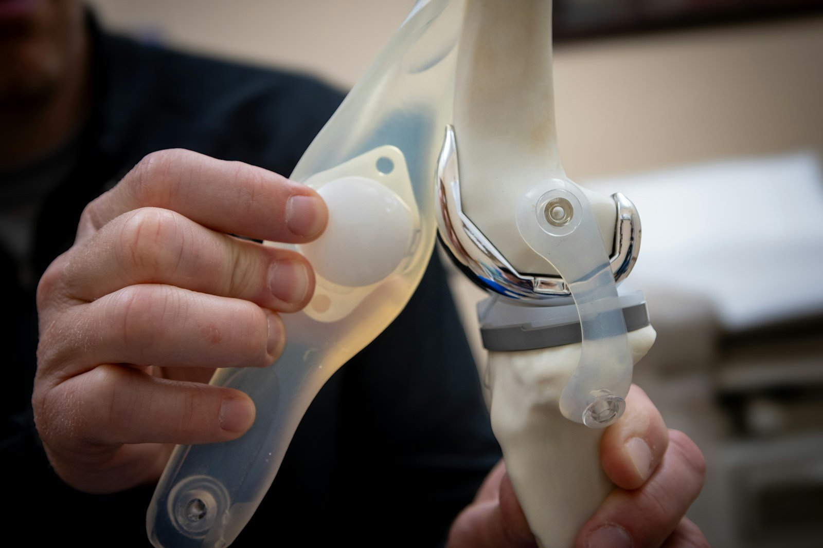 Man examines a knee joint model